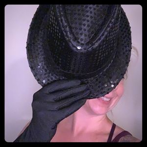 Black sequined hat and elbow length black gloves
